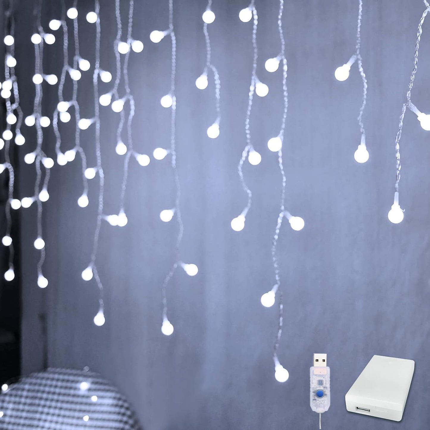 YOLIGHT White Ball Fairy Curtain Lights USB/Battery Powered