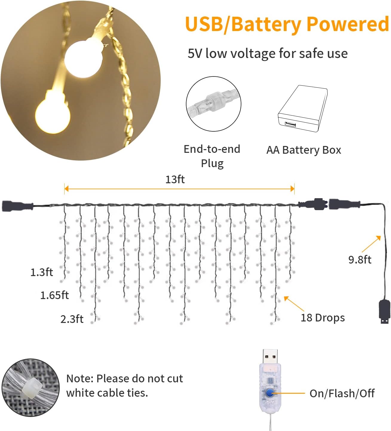 YOLIGHT White Ball Fairy Curtain Lights USB/Battery Powered