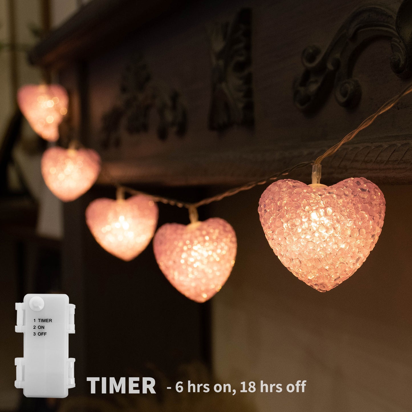 Pink Heart String Lights Valentine's Day Decoration Lights Battery Operated with Timer