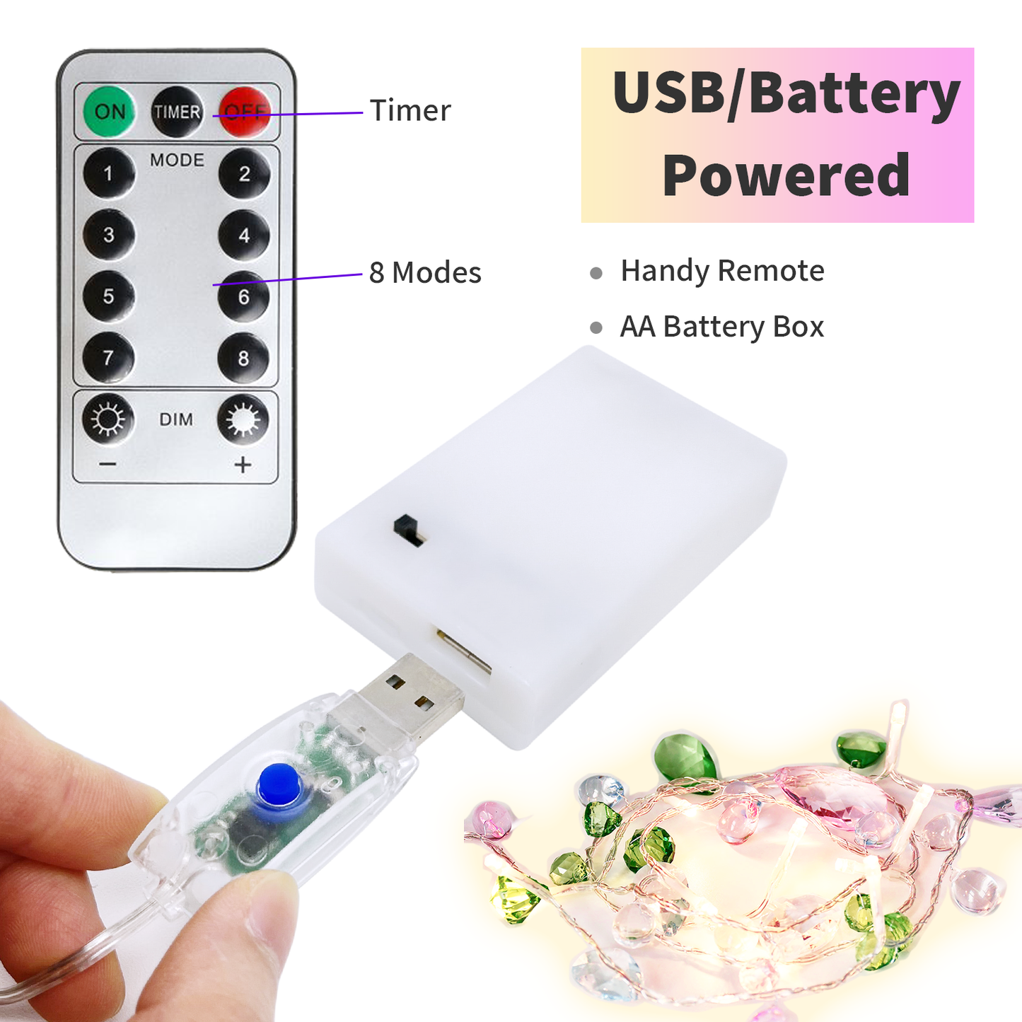 Pastel Crystal Lights 10ft 30 LED Jewels Fairy Lights Battery Operated/USB Plug