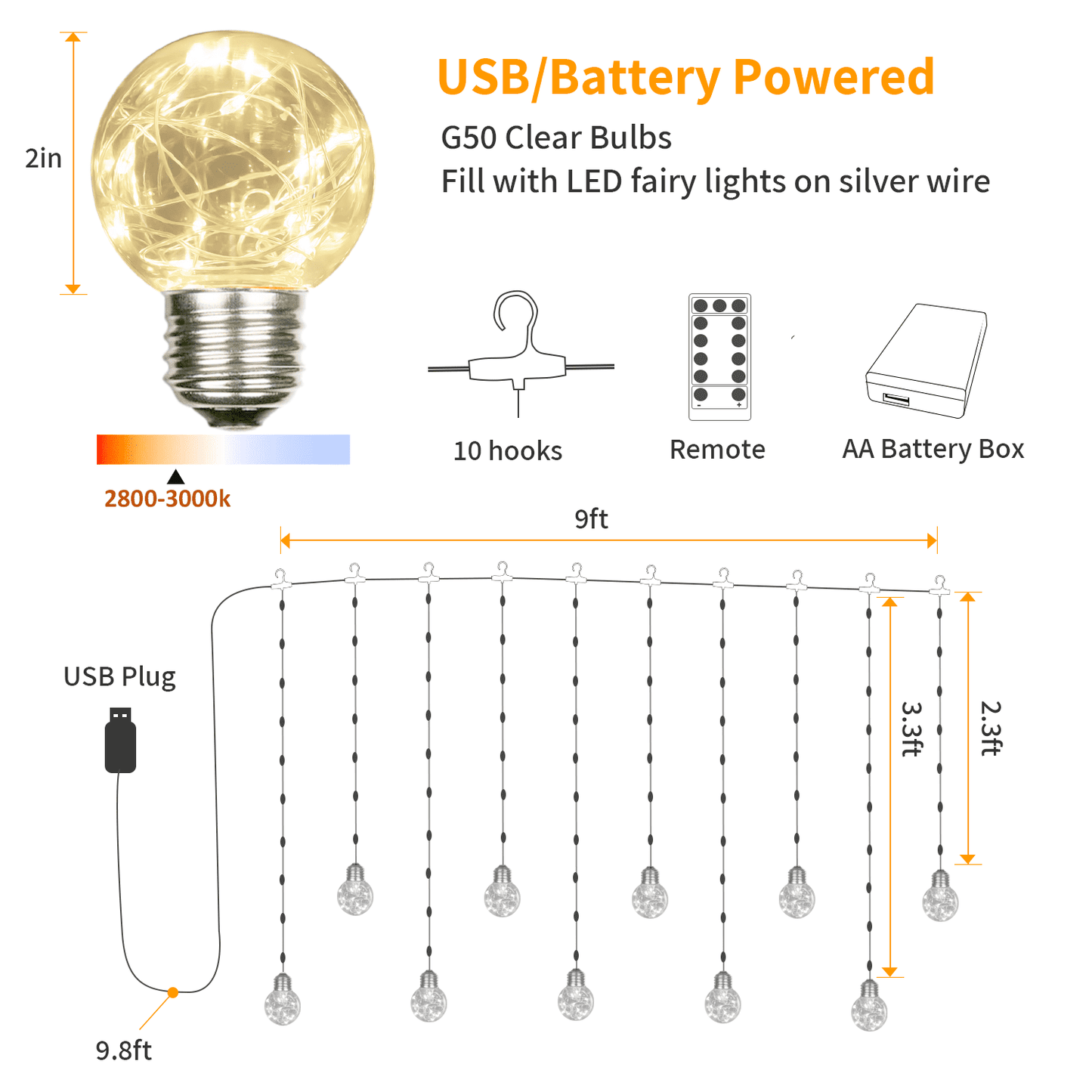 YOLIGHT Wishing Ball Curtain Lights USB/Battery Operated Window Fairy Curtain Lights